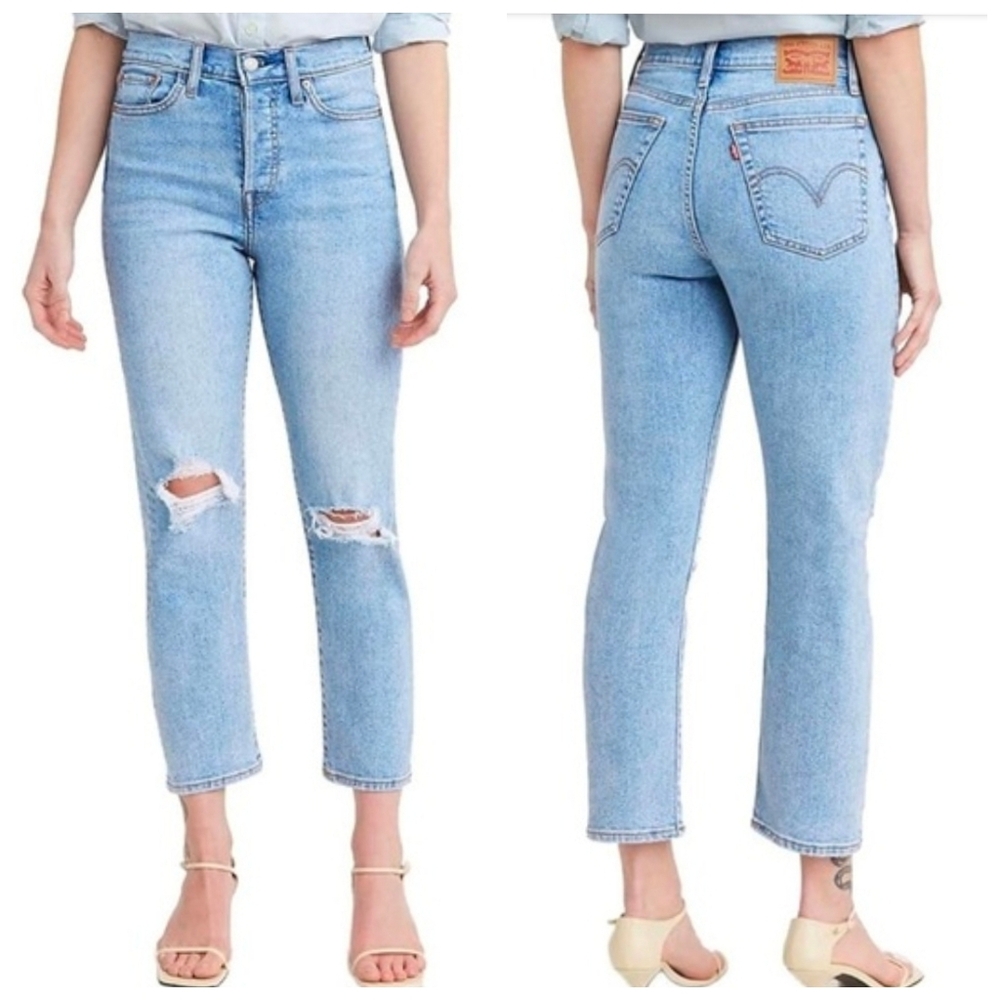 Levi's Wedgie Straight High Waist Jeans, Medium Wash, Button Fly, Ripped Knees.